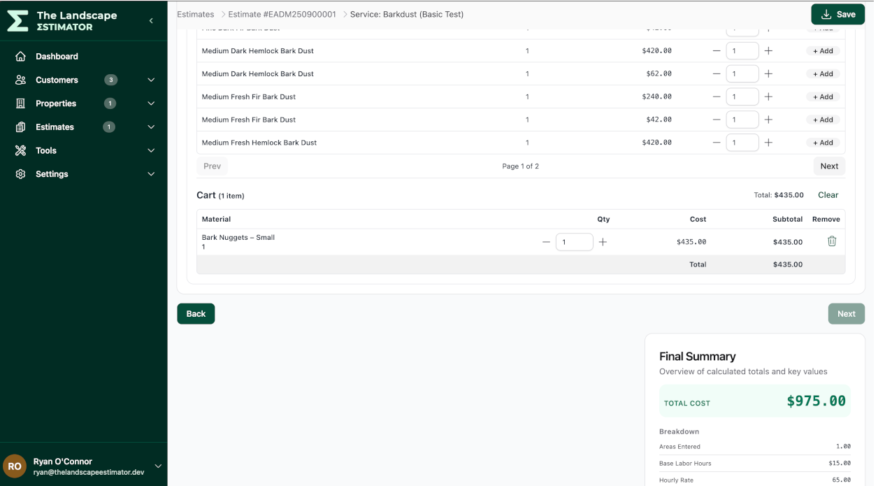 The Landscape Estimator estimate view
